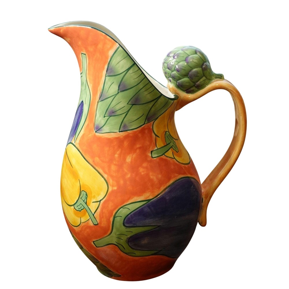 Clay Art Toscano Vegetable Ceramic Pitcher 64oz Eggplant Artichoke Pepper Orange